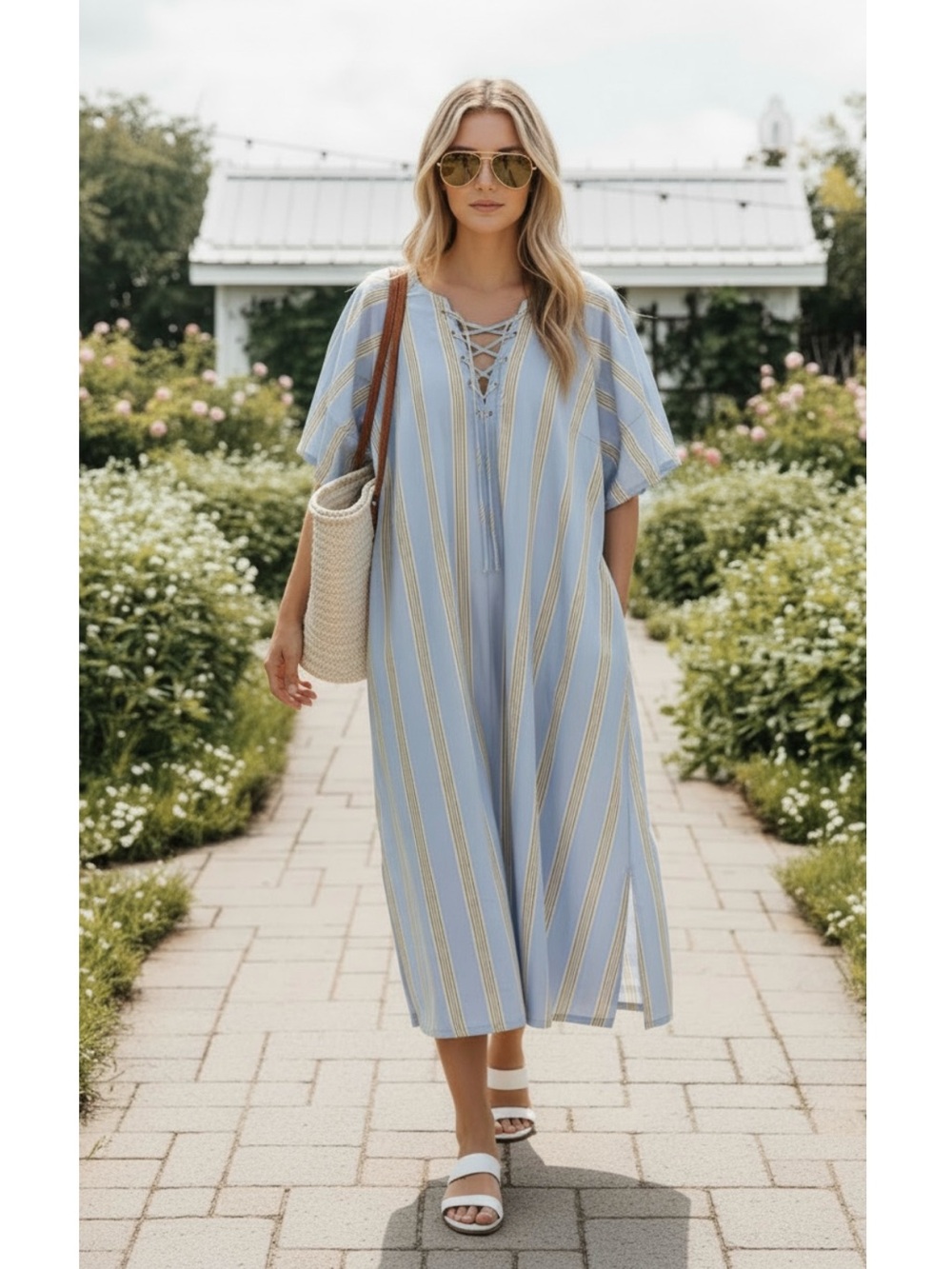 Anthropologie Maeve Short Sleeve Crossover V Neck Midi Dress Blue Green Stripe M